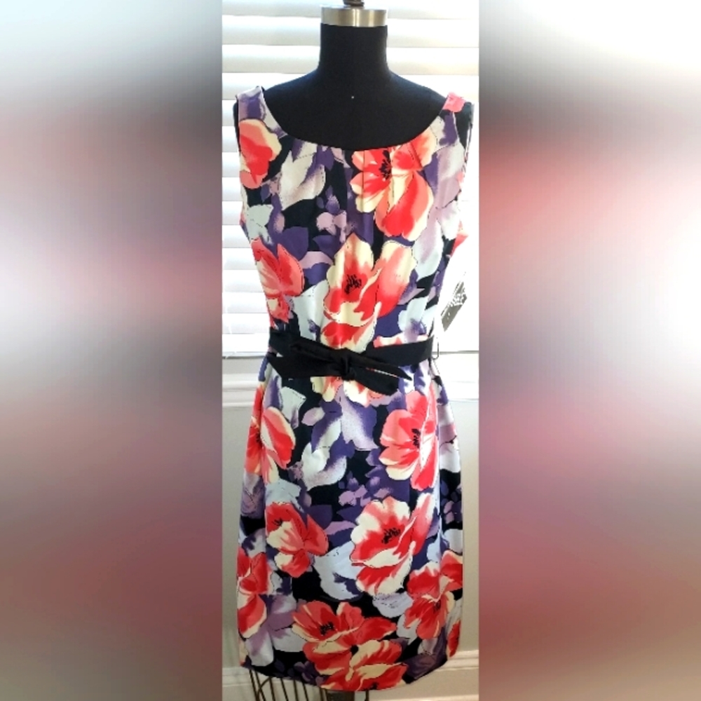 Madison Leigh Multi Color Floral Sleeveless Dress w/Belt NWT